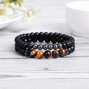 Natural Tiger's Eye Black Onyx Stone Bracelet Hematite Gemstone Stretch Bracelet